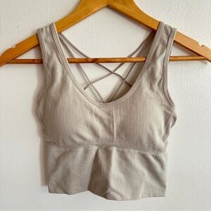 Taupe Crisscross Strappy Padded Sports Bra Top
